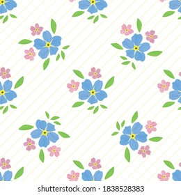 Forget-Me-Not floral seamless vector pattern background. Beautiful backdrop of painterly watercolor effect groups of pink blue mysotis flowers. Hand drawn botanical design. All over print for spring