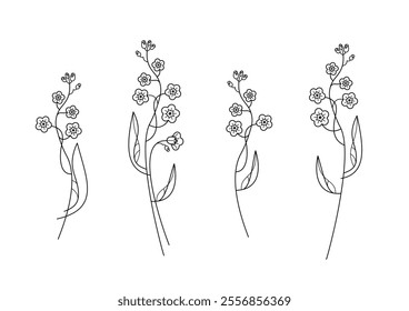 Forget-me-not flower branch colorless black contour line drawing tattoo flower, nature, botany. Minimalist contour drawing. One line artwork. Editable stroke