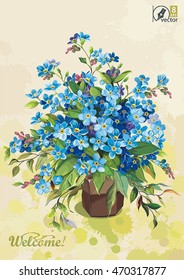 Forget-me-not flower in a brown ceramic pot on watercolor background, eps8