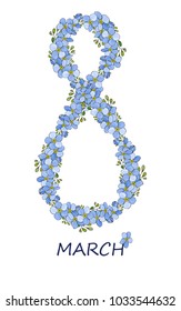 Forget-me-not flower eight march greatings card isolated on white background