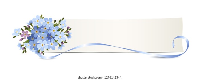 Forget-me-not flowers banner with
blank paper sheet, nostalgic card,
Vector illustration isolated on white background