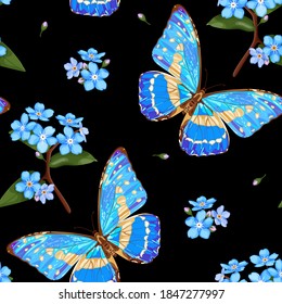 Flores y mariposas que no me olviden. Floral sin fisuras con mariposa azul neón y Flores nomeolvides (miosotis) sobre fondo negro. Ilustración vectorial de material.