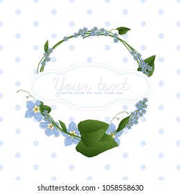 Forget-me-not flowers and cross-stitch. Polka dot background. Banner with text and finishing line. Vector greeting card