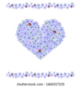 forget-me-not flowers and ladybugs in heart shape on white background, vector illustration
