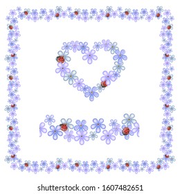 forget-me-not flowers and ladybugs in heart shape on white background, vector illustration