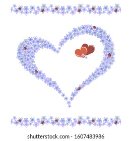 forget-me-not flowers and ladybugs in heart shape on white background, vector illustration