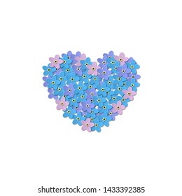 Forget-me-not flowers on a white background. Heart shaped design in the center. Paper Cut Vector illustration