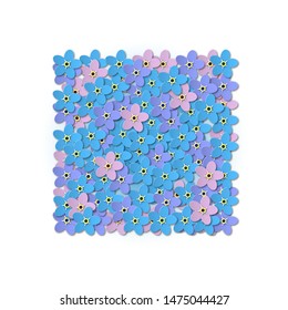 Forget-me-not flowers on a white background. Design in the form of a square in the center. Paper Cut Vector illustration