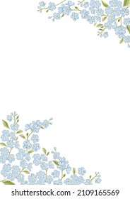 Forget-me-not hand drawn corner frame vector illustration isolated on white. Vintage Romantic floral arrangement for wedding invitation, Birthday, Mothers Day, Woman Day, Happy Easter card design.