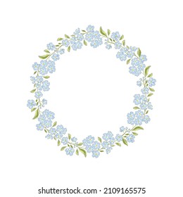 Forget-me-not hand drawn flower wreath vector illustration isolated on white. Vintage Romantic spring floral round frame. Botanical floral arrangement for Wedding Birthday Happy Easter design.