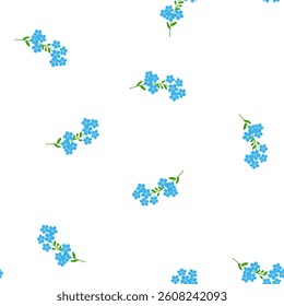 Forget-me-not isolated on a white background. Seamless pattern, flat style. Floral background for paper, cover, textile, gift wrap, wallpaper.