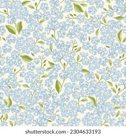 Forget-me-not spring garden flower hand drawn vector seamless pattern. Vintage Romantic Liberty inspired Petite floral ditsy print. Bloomy calico background for fashion fabric or home textile