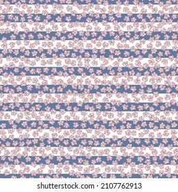 Forget-me-not Spring Garden flower on stripes hand drawn vector seamless pattern. Vintage Romantic Liberty inspired Petite floral ditsy print. Bloomy calico background for fashion fabric