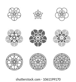 Forget-me-not stylized flower logo icon. Floral composition, set of vector abstract beauty linear style logotype template. Glass painting, leaded pane, stained-glass window. Yoga studio.