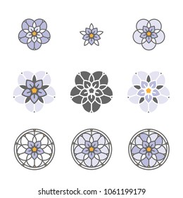 Forget-me-not stylized flower logo icon. Floral composition, set of vector abstract beauty linear style logotype template. Glass painting, leaded pane, stained-glass window. Yoga studio.