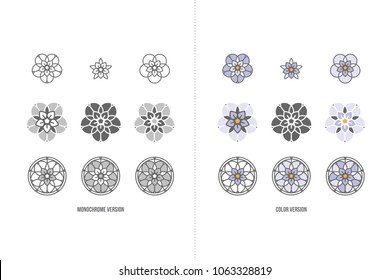 Forget-me-not stylized flower logo icon. Floral composition, set of vector abstract beauty linear style logotype template. Glass painting, leaded pane, stained-glass window. Yoga studio.