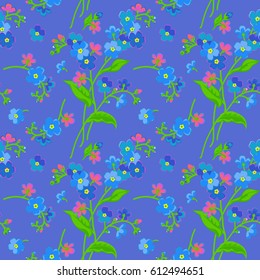forget-me-not, vector graphic, seamless pattern, textiles, blue-and-purple background