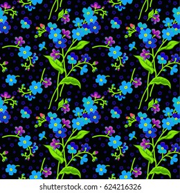 forget-me-not, vector graphic, seamless pattern, textiles, black and blue background