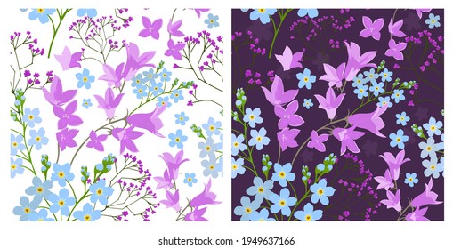 Forget-me-nots and bells seamless pattern. Background Wildflowers. Dark and light background. Vector illustration.