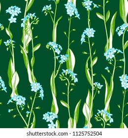 Forget-me-nots boundless background. Blue tiny flowers and leaves on dark green background. Tileable design element.