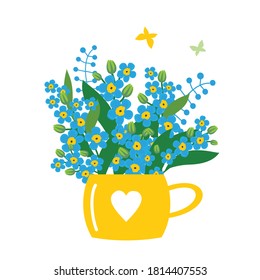 Forget-me-nots in a Cup. Vector, white background, isolated.