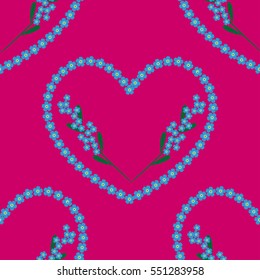 forget-me-nots heart background with branches of flowers. Floral holiday seamless pattern for textile, wallpapers, print. 