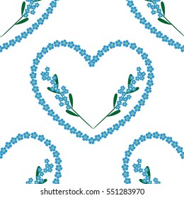 forget-me-nots heart background with branches of flowers. Floral holiday seamless pattern for textile, wallpapers, print. 