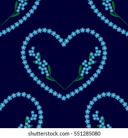 forget-me-nots heart background with branches of flowers. Floral holiday seamless pattern for textile, wallpapers, print. 