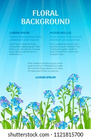 Forget-me-nots meadow. Vector vertical summer background. Sun rays and blue sky. There is copy space for your text in the sky. A5 portrait format paper size with bleed 2 mm.