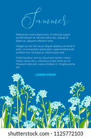 Forget-me-nots on blue background. There is copy space for your text in blue sky. A5 portrait format paper size with bleed 2 mm.