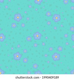 Vergiss-me-nots-Muster. Nahtlose blaue Blumenmuster mit geometrischen Formen auf grünem Hintergrund. Trendige endlose Ornamente für Textilien und Designs, Babybekleidung oder Betten. Vektorgrafik