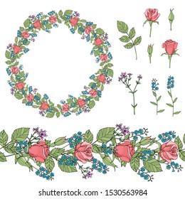 Forget-me-nots and pink roses seamless vector horizontal banner. Floral wedding wreath, vector. Circle of roses and forget-me-nots.