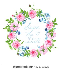 Forget-me-nots and roses wedding wreath vector card
