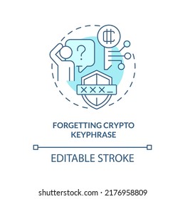 Forgetting crypto keyphrase turquoise concept icon. Common blockchain mistake abstract idea thin line illustration. Isolated outline drawing. Editable stroke. Arial, Myriad Pro-Bold fonts used