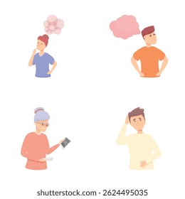 Esquecendo ícones defina o vetor de desenhos animados. Problema de perda de memória, mente nebulosa. Saúde mental
