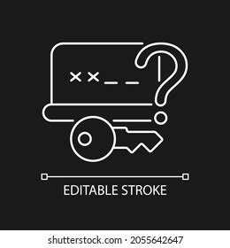 Forgetting password white linear icon for dark theme. Account recovery. Password management. Thin line customizable illustration. Isolated vector contour symbol for night mode. Editable stroke