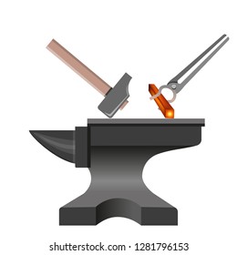 Forging tools. Anvil with hammer and tongs. Vector illustration isolated on white background