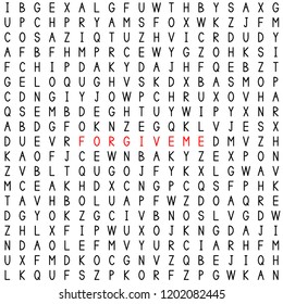 Forgive me. Find the words in the word puzzle. Word game. Seamless pattern with letters. Vector illustration.