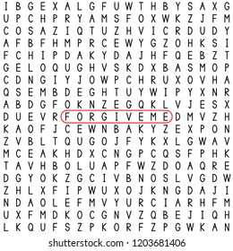 Forgive me. Find the words in the word puzzle. Word game. Seamless pattern with letters. Vector illustration.