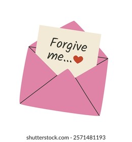 Forgive me inscription. Sorry letter in envelope. Colorful flat vector illustration isolated on white background.