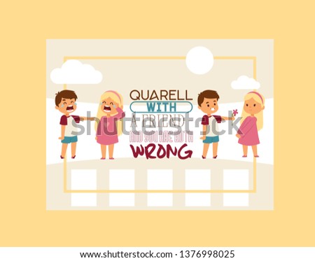 Forgive me vector kid character and children in quarrel forgiving sorry apology illustration of forgiveness apologize card background crying girl boy friends backdrop.