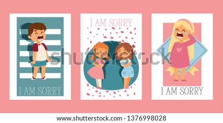 Forgive me vector kid character and children in quarrel forgiving sorry apology illustration set of forgiveness apologize card background crying girl boy friends backdrop.