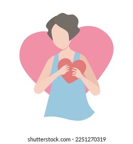 Forgive Yourself and,Self care compassion,young woman holds her heart in her chest and encourages herself when feeling discouraged and disappointed,Vector illustration.