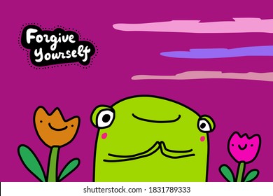 Forgive yourself hand drawn vector illustration in cartoon comic style frog cheerful with tulips lettering