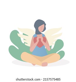 Forgive Yourself and Move on from the Past,Women embraced her heart with kindness,Self care and Self compassion,Vector illustration.