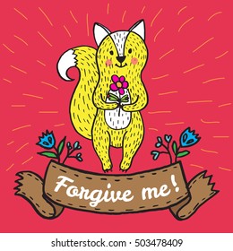 Forgiveness card with fox. Vector illustrated card.