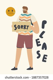 Forgiveness Concept. Male Character Apologize Holding Board with Sorry Inscription, Man Ask to Forgive for Mistake or Offensive Words. Human Relations and Friendship. Linear Vector Illustration