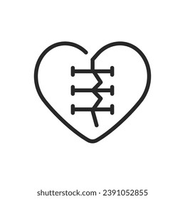 Forgiveness Icon. Vector Outline Editable Isolated Sign of a Stitched Heart, Symbolizing the Healing and Reconciliation Process of Forgiveness and Emotional Recovery.