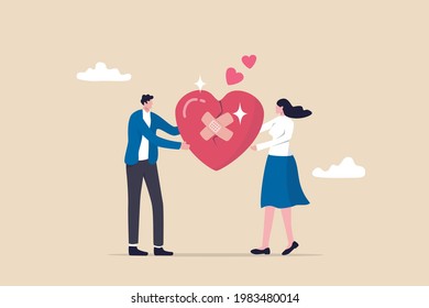 Forgiveness to keep relationship last long, togetherness or love couple concept, happy man and woman, husband and wife with bandage on broken heart shape as forgiveness symbol.