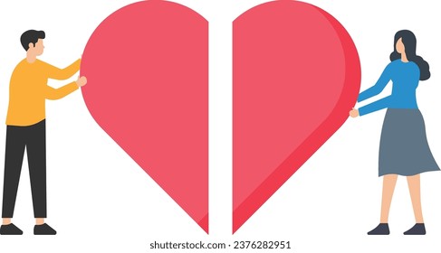 Forgiveness to keep relationship last long, togetherness or love couple concept, happy man and woman, husband and wife with bandage on broken heart shape as forgiveness symbol

